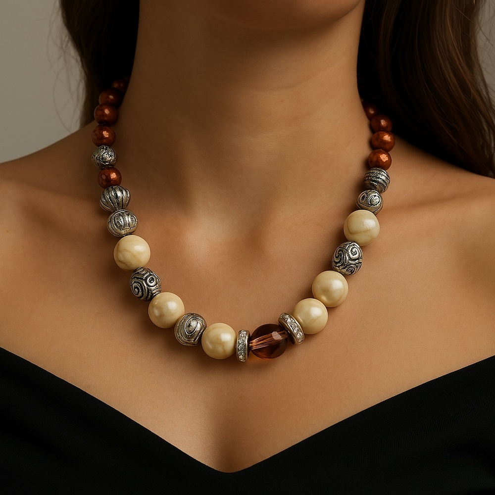 Chunky bead necklace various size beads 28” silver copper cream tan gold